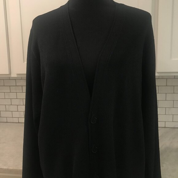 St. John Cardigan Sweater Womens XL Black Button Front V Neck Knit Pockets Long - Picture 2 of 12